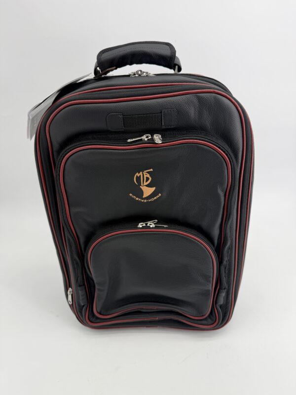 MB Square Backpack with room for Horn black Leather with wine red trim