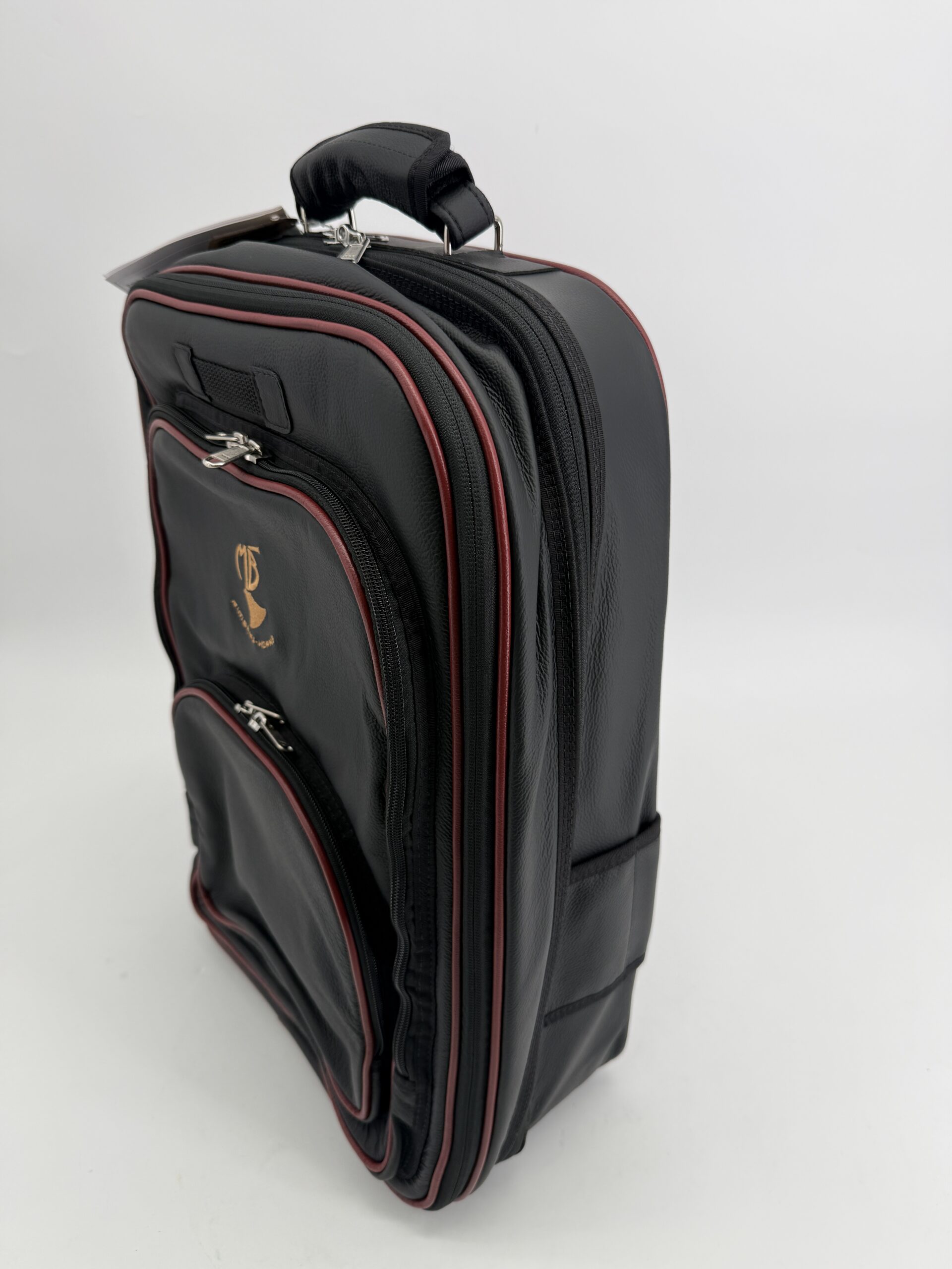 MB Square Backpack with room for Horn black Leather with wine red trim - Image 2